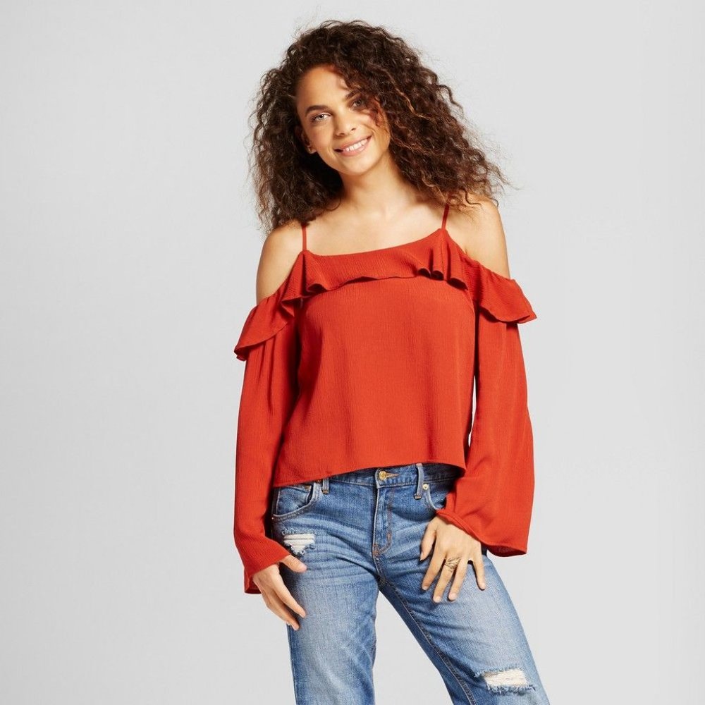 Rust Ruffle Cold Shoulder Blouse Top